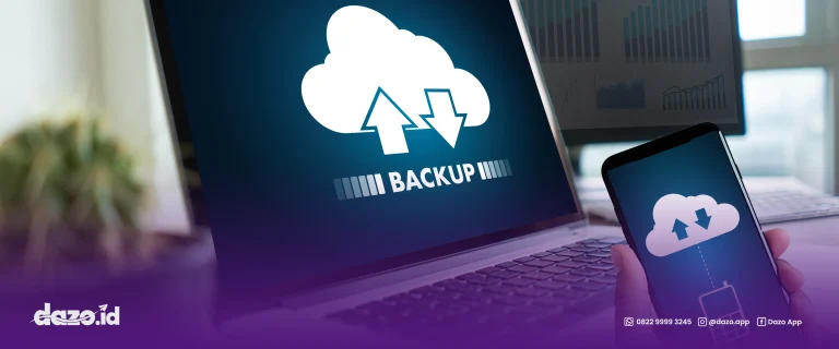 terdapat laptop dan hp berlatar belakang warna biru dengan simbol colud dan 2 panah keterbalikan arah yang sedang melakukan backup. Terutama pentingnya cara backup whatsapp