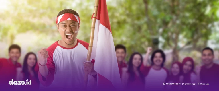 seorang laki laki memakai baju berwarna merah putih dengan ikat kepala yang juga berwarna merah putih sedang membawa bendera negara Indonesia berwarna merah putih meneriakan promosi hari kemerdekaan